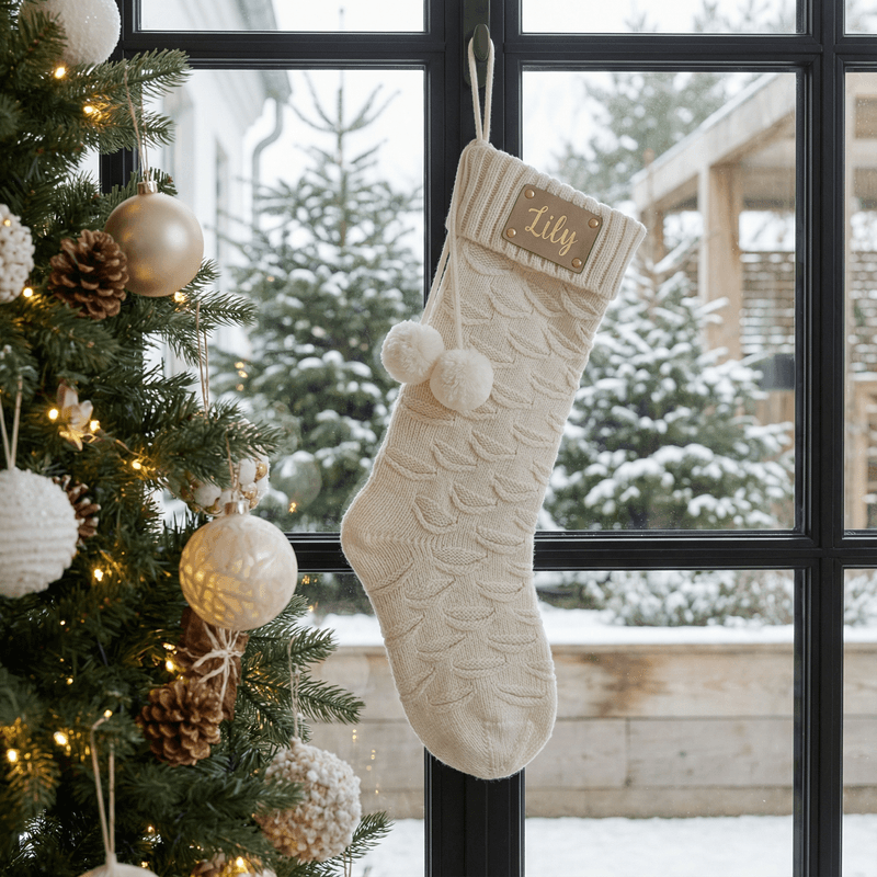 Julestrømpe med navn  i metalliske bokstaver- off white